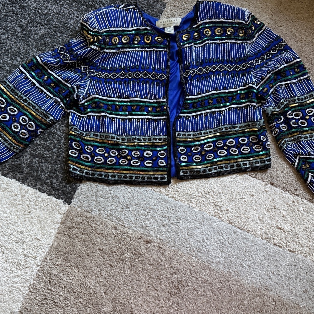 Niteline by Della Roufogali Silk Blue and Black Beaded Womens Jacket- Large - Picture 1 of 11